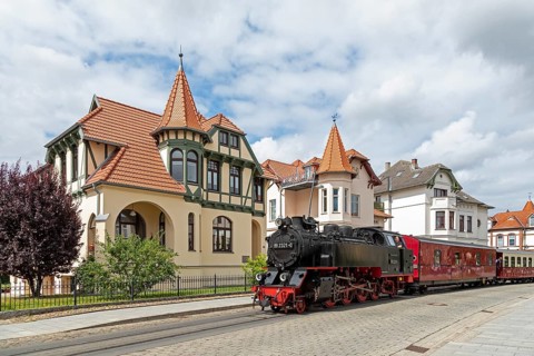 Molli steam train, city centre, villas, Bad Doberan, Mecklenburg-Western Pomerania, Germany, Europe