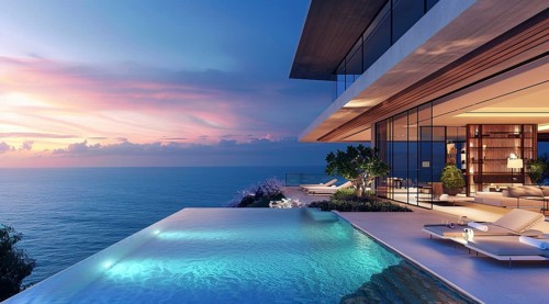 Expensive luxury private villa facing the ocean beach. Concept of expensive upscale rich lifestyle