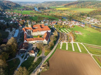 Aerial view of Plankstetten with Benedictine Abbey, Plankstetten, Berching, Bavaria, Germany,