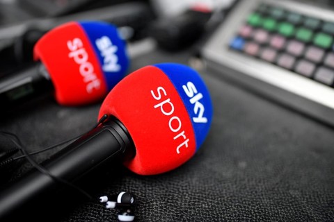 SKY Sport logo microphones Microphones lying on table Allianz Arena, Munich, Bavaria, Germany,