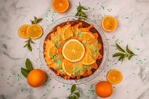 Orange cake, oranges (Citrus sinensis), autumn atmosphere, from above