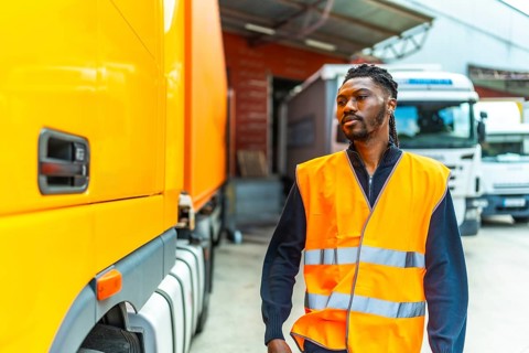 African man walking next to lorry in a parking of distribution warehouse