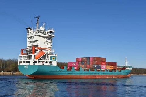 Container ship Hanni sailing in the Kiel Canal, NOK, Kiel Canal, Schleswig-Holstein, Germany,