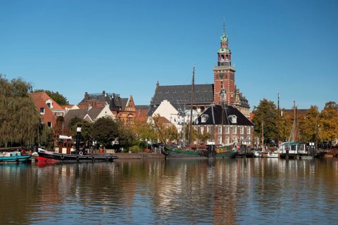 Museum harbour, town hall, Leer, East Frisia, Lower Saxony, Germany, Europe