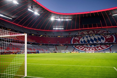 Evening match Allianz Arena, interior, illuminated, LTor, ogo FC Bayern Munich, blue hour, UEFA
