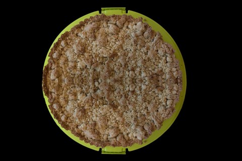 Streusel cake on a black background, Lower Saxony, Germany, Europe