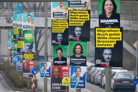 Election posters of the established parties CDU, AfD, Bündnis 90, Die Grünen, SPD and FDP hang on
