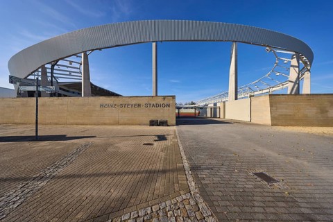 Heinz-Steyer-Stadion, stadium, side entrance, concrete building, roof construction, deep blue sky