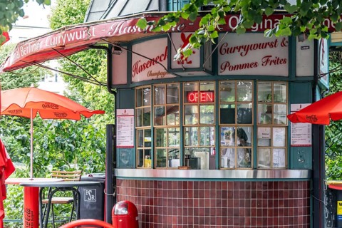 Currywurst and other sausages, traditional snack bar Hasenecke. Berlin, Germany, Europe