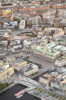 Aerial view of Hamburg City Hall with Inner Alster Lake, Jungfernstieg and Speicherstadt, Hamburg,
