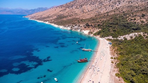 Aerial drone view of the paradise beach of Kroreza or Krorez on the Albanian riviera in Sarande,