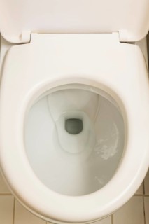 Top view of white flush toilet with opened cover and oval shaped seat, La Spezia, Italy, Europe