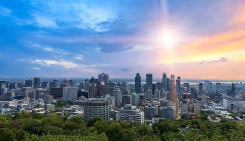 Panoramic Belvedere Mount Royal, Chalet Mont Royal, a scenic lookout of Montreal downtown skyline.