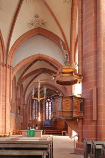 Pulpit built 17th century with sounding board and wooden decorations, wood carvings, pulpit cover,