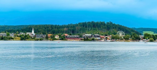 Panoramic view of the landscape seen from the boat on Lake Titisee in the Black Forest, Germany,