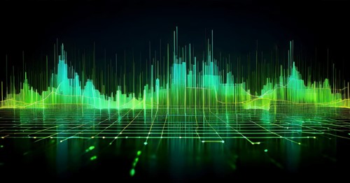 Glowing digital wave forms fluctuating in sync with a pulsating grid background, representing the