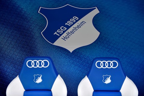 Substitute bench, TSG 1899 Hoffenheim, Logo, Audi, PreZero Arena, Sinsheim, Baden-Württemberg,