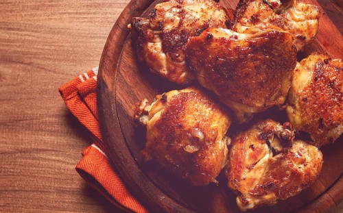 Fried chicken thighs, with spices, homemade, no people