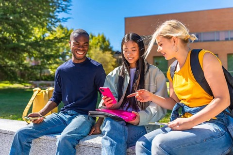 Three male and female multi-ethnic students sitting using mobile in the campus