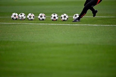 Shot practice, Adidas Derbystar Pro match balls lie on grass, Champions League, Allianz Arena,
