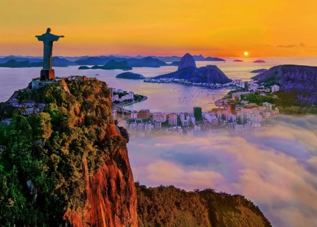 Corcovado 710m with Christo Redentor statue above Botafogo Bay with Sugar Loaf 396m at sunrise and
