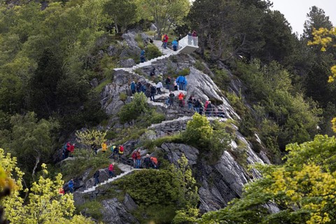 View of the hiking trail to the viewpoint Fjellstua on Aksla from Ålesund, Norway, Scandinavia,