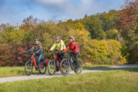 Three happy, active seniors ride their mountain bikes in the autumnal atmosphere of the autumn