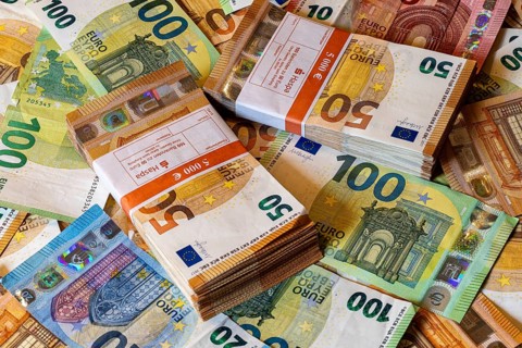 Banknotes, euros, piles and bundles