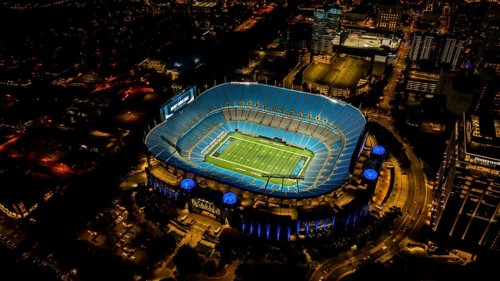 Night aerial view of the Bank of America Stadium, home of the National Football League Carolina