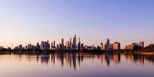 The iconic Albert Park lake and skyline views at sunset in Melbourne, Victoria, Australia, Oceania