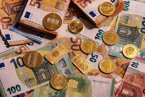 Gold and banknotes, ounce bars and coins, various euro notes in piles and bundles
