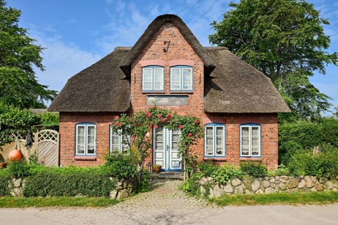 Thatched Frisian house in fog, Amrum, North Frisian Island, North Frisia, Schleswig-Holstein,