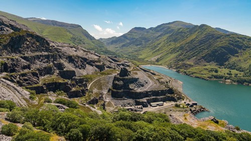 View from Dinorwic Quarry, near Llanberis, Gwynedd, Wales, UK, with Llyn Peris, the Dinorwig Power