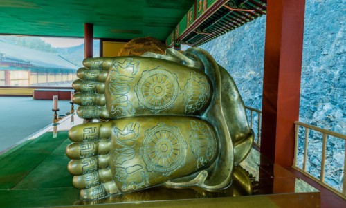 Feet of thirteen meter long reclining Buddha at Manbulsa Temple in Yeongcheon, South Korea, Asia