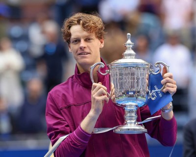 Tennis player Jannik Sinner of Italy holding the trophy during the presentation at the US Open 2024