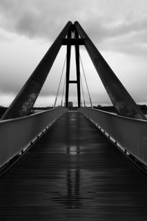 Bridge in the media harbour, reflection, black and white, Düsseldorf, Germany, Europe