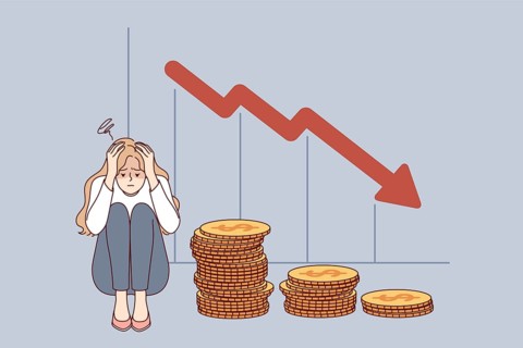 Problem of bankruptcy for girl lost savings due to financial crisis, sitting near falling economic