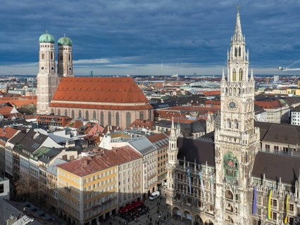 Beautiful view over the city centre of Munich, Germany: Different historic buildings with the
