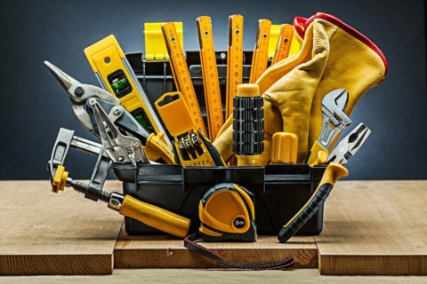 Toolbox with many building tools on wooden boards