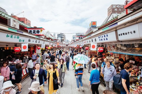Tokyo, Japan, May 12 2019: Famous Nakamise Shopping Street near Sensoji Temple by day in Asakusa,