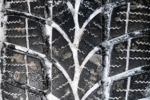 Closeup of car tires in winter. Winter tire with snow
