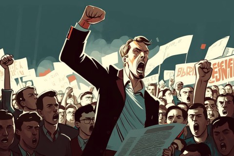 Crowd of People with their hands and fist raised in the air illustration. Revolution political