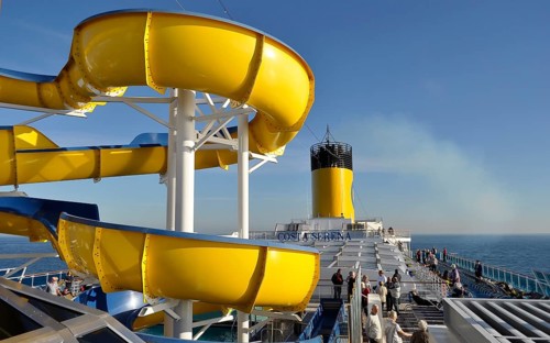 On deck of the cruise ship Costa Serena, deck chairs, sun deck, ship's funnel