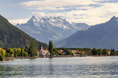 View of Villeneuve and the Dents du Midi mountain range, Lake Geneva, Lac Léman, Switzerland,