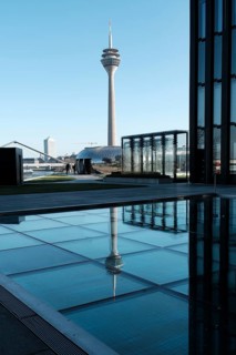 View of the Rhine Tower in the Media Harbour, reflection, Düsseldorf, Germany, Europe