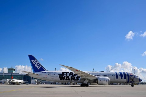ANA Star Wars special aircraft Boeing B787 Dreamliner taxiing with control tower, Apron 2 East,