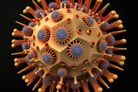 Virus cell under magnification, covid 19, illustration, 3d render. Illustration of colorful 3d cell