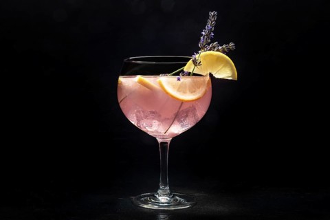 Fancy cocktail with fresh fruit. Gin and tonic drink with ice at a party, on a black background.