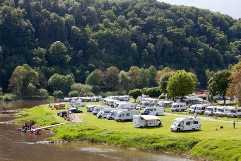 Campsite at Bad Karlshafen, Upper Weser Valley, Weser Uplands, Weserbergland, Hesse, Germany,