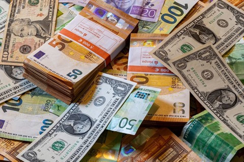 Banknotes, euro, US dollar, Norwegian krone and Swedish krona. euro also in bundles
